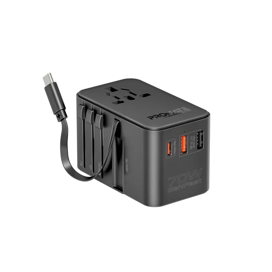 Promate 70W GaN Travel Adapter with Retractable Built-in USB-C Cable in Qatar Promate 70W GaN Travel Adapter with Retractable Built-in USB-C Cable in Qatar